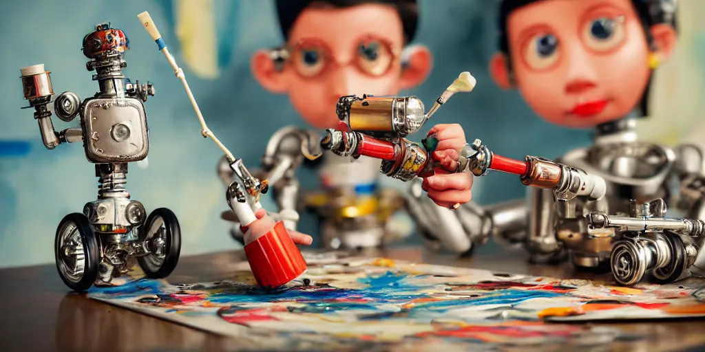 Image similar to closeup portrait of tin toy retro robot painter mixing gouache on white paper table in an artist workshop, depth of field, zeiss lens, detailed, centered, fashion photoshoot, by nicoletta ceccoli, mark ryden, lostfish, breathtaking, 8 k resolution, extremely detailed, beautiful, establishing shot, artistic, hyperrealistic, octane render