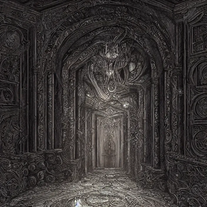 Image similar to ominous mysterious dark etherial gate in the void, midnight, quiet and serene, deviantart, hall of mirrors, official art, concept art, intricate high detail masterpiece