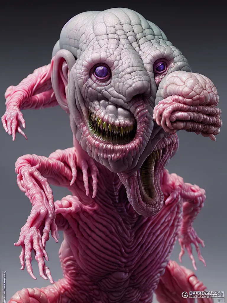 Image similar to hyperrealistic rendering, fat smooth cronenberg flesh monster transparent grey alien by donato giancola and greg rutkowski and wayne barlow and zdzisław beksinski, product photography, action figure, sofubi, studio lighting, colored gels, colored background