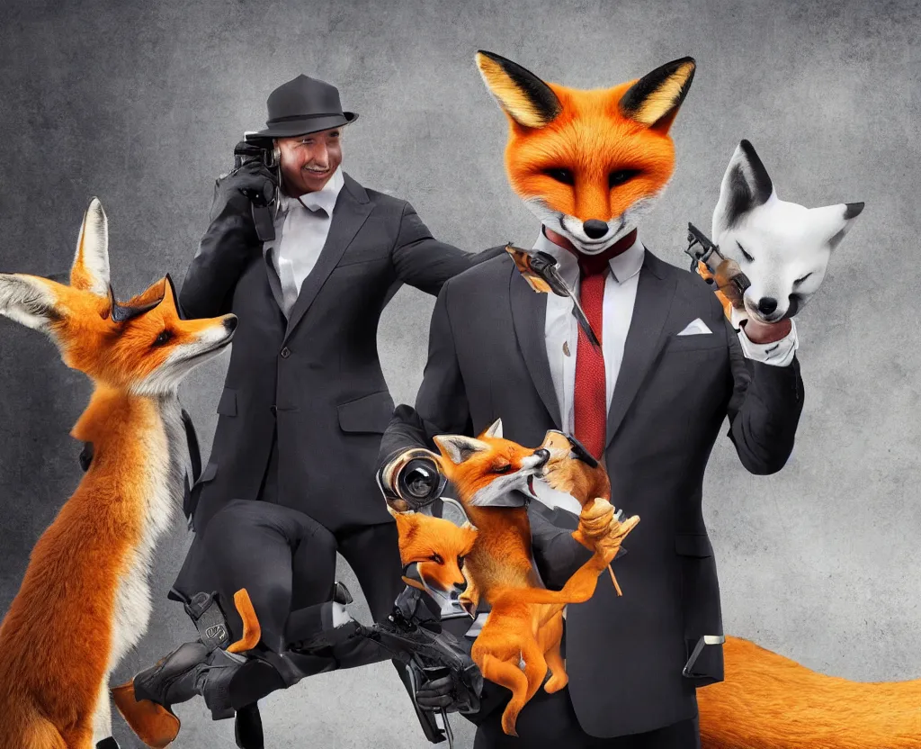Prompt: a photo of happy agent 4 7 with a fox, studio photo, stunning scenery, award winning photo