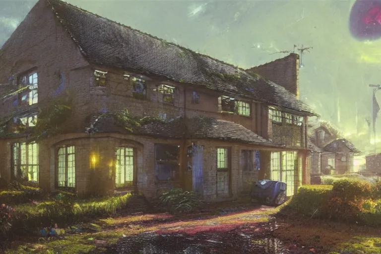 Image similar to cyberpunk, an estate agent listing photo, external view of a 5 bedroom detached countryside house in the UK, by Paul Lehr