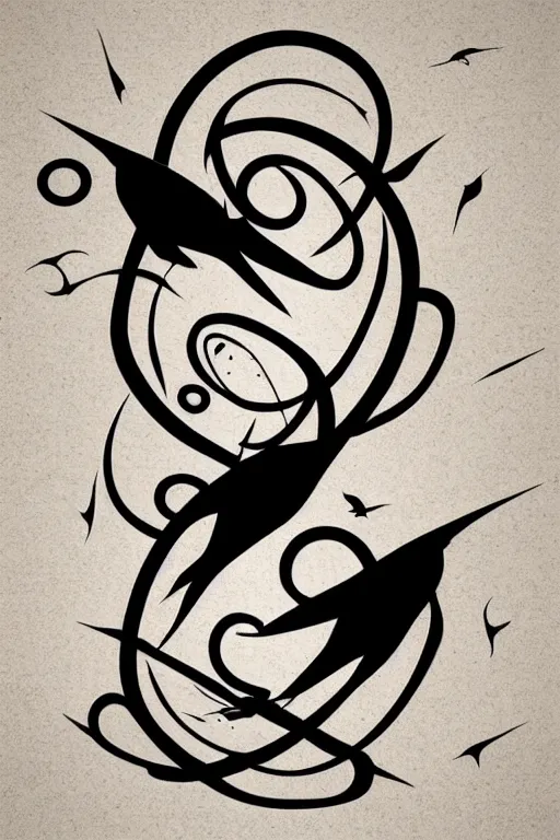 Image similar to a beautiful tattoo design of minimalist swallows flying across geometric spirals, black ink, abstract logo, line art, vector graphics