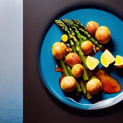 Prompt: a vibrant still life photograph of canard lacque served on a bed of fresh asparagus, with a drizzle of honey lemon sauce, and a side of freshly minced new potatoes along with a serving of home - made creme fraiche, kodak portra, studio lighting, f 1. 8, gastronomica magazine