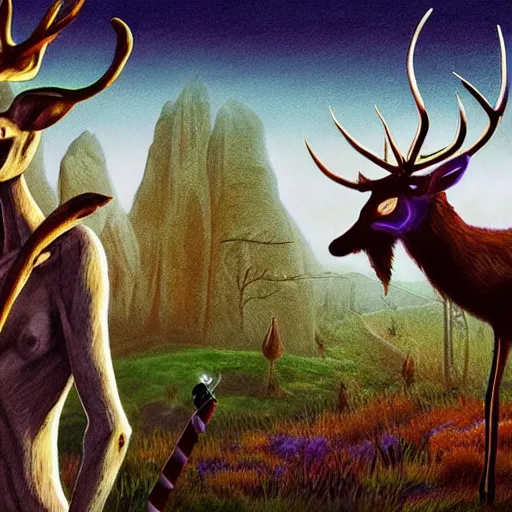 Image similar to 4 k headshot portrait of a psychedelic demonic anthropomorphic deer - horned wendigo smoking a hand - rolled cigarette smoking heavily, magic mushroom village in background. award winning. superb resolution. in the art style of junji ito and greg rutkowski. detailed mushroom city in background. hyper realistic anime. perfect art. dalle 2