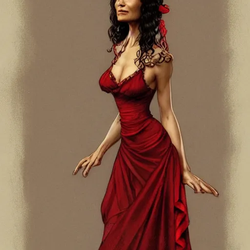 Prompt: full figure ultra realistic illustration, thandie newton wearing a maiden red dress, black wavy hair, old west, intricate, elegant, highly detailed, digital painting, artstation, concept art, smooth, sharp focus, illustration, art by artgerm and greg rutkowski and alphonse mucha