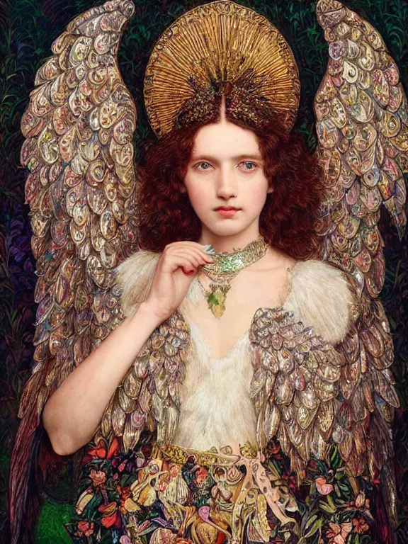 Image similar to a 65mm fashion portrait of an angel who has huge wings embellished sequined feather-adorned,by William Holman Hunt，tom bagshaw,Ekaterina Belinskaya，marie spartali Stillman,William Morris,GUCCI,DIOR,trending on pinterest，maximalist,glittering,feminine