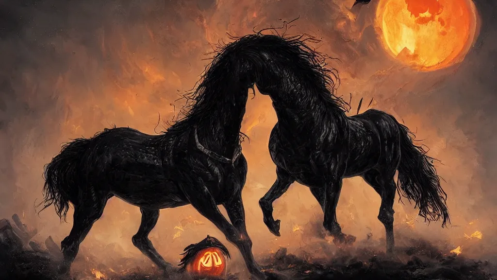 Image similar to rampant ( ( black horse ) ) with fiery eyes, a headless!!! colonial rider!!!! holds a ( jack - o - lantern ), background gnarled trees and large supermoon, in the styles of greg rutkowski, keith parkinson, and john quidor, intricate, detailed, volumetric lighting