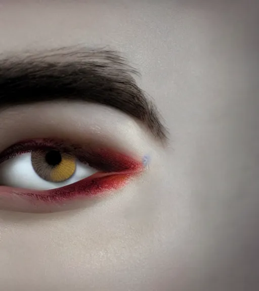 Image similar to photo realistic render of the most handsome young man in the world, he is seductive, beautiful, perfect and has multicoloured eyes that shine