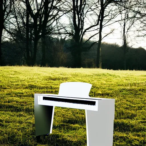 Image similar to a photo of a transparent perspex piano in a field, beams of light, nostalgic