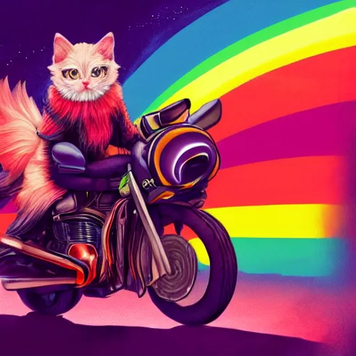 Image similar to wide angle full body, jacket wearing fluffy cute rainbow kitten wearing a black leather motorcycle jacket, riding on a motorcycle, cinematic concept art