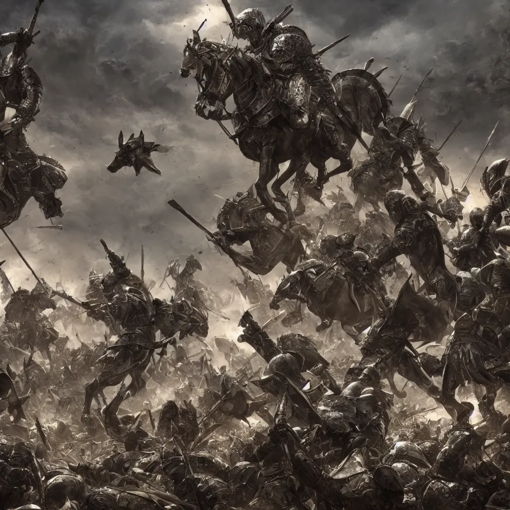 Image similar to group of knights in plate-armor ravage the battlefield, side perspective, dead medieval infantry in the background, the feeling of dread, hypermaximalistic, high details, cinematic, 8k resolution, beautiful detailed, insanely intricate details, artstation trending, octane render, unreal engine