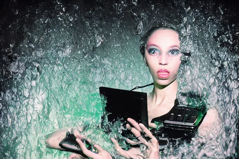 Image similar to handsome alien woman using a computer submerged in translucent goo, in 1 9 8 5, y 2 k cybercore, industrial low - light photography, in the style of tyler mitchell