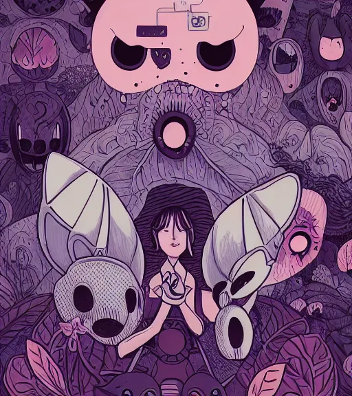 Prompt: portrait, nightmare anomalies, leaves with hollow knight by miyazaki, violet and pink and white palette, illustration, kenneth blom, mental alchemy, james jean, pablo amaringo, naudline pierre, contemporary art, hyper detailed