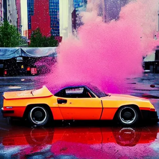 Prompt: hyperrealistic explosions of a expensive, colorful sports car, the explosions is made out of colorful particles, the scene is set in a seedy new york of 1 9 8 0 s, the weather is rainy and the street full of puddles, the puddles and buildings are reflecting the explosion