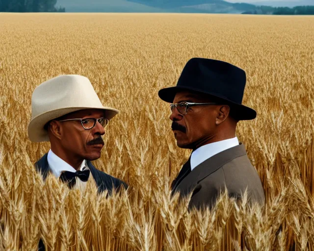 Image similar to walter white wearing a hat and gustavo fring facing each other in a wheat field, long shot, side view, 3 5 mm photograph, 8 k resolution, wide shot, sharp lens