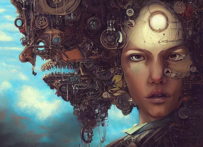 Image similar to A digital painting of a face surrounded by clouds, a surrealist painting by Android Jones, CGsociety, pop surrealism, steampunk, dystopian art, surrealist