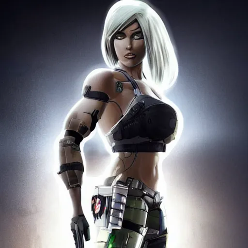 Prompt: Cyborg Lara Croft with white hair, green eyes, exploring futuristic base, Deus Ex elegant clothes, illuminated by surrounding lights, high quality, highly detailed