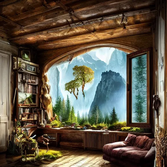 Image similar to fantastical living room with switzerland landscape in the window by marc adamus, beautiful dramatic lighting, overgrown with funghi, style by peter deligdisch, peterdraws