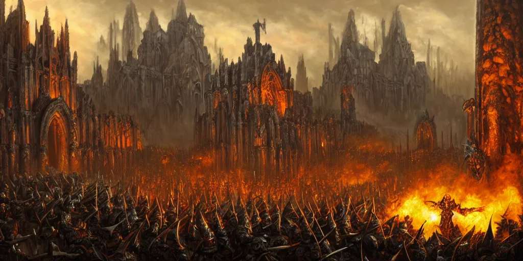 Image similar to highly detailed portrait painting of an ancient elves on hell horses war battle, abbey warhammer battle, old abbey in the background, carhedrals, giant columns, by eddie mendoza and tyler edlin, 8 k resolution