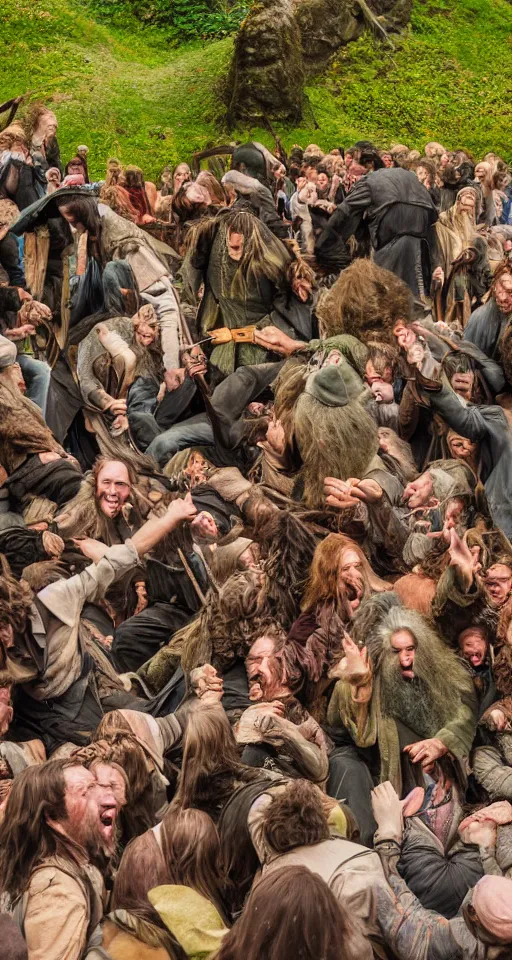 Image similar to hobbit mosh pit, detailed, sony a 7 r, photorealistic