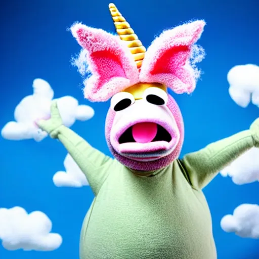 Prompt: studio photograph of a flying pig with unicorn horn depicted as a muppet in a blue sky with cotton ball clouds