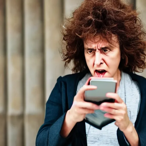 Image similar to astonished middle aged lady looking at smartphone angrily, wild hair, greek ethnicity, slick hair, angry eyes,