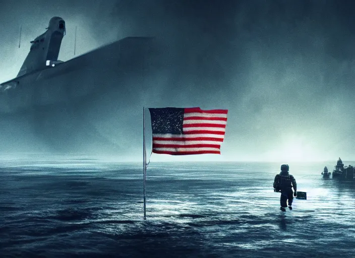 Image similar to astronaut holding a flag in an underwater desert. a submarine is visible in the distance. dark, concept art, cinematic, dramatic, atmospheric, 8 k, trending on artstation, blue, fish, low visibility, fog, ocean floor, christopher nolan, interstellar