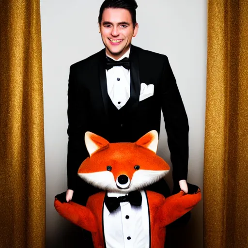 Image similar to Professional photograph of an anthropomorphic male fox wearing a fancy tuxedo, handsome eyes and a charismatic smile, hosting a show at a cabaret