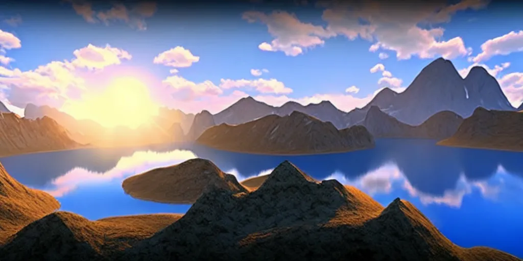 Image similar to a beautiful landscape, sun rises between two mountains, a lake in between the mountains, blue sky, cloudy, 3 d artwork by john stephans, unreal engine 5, extremely detailed, hyper realism