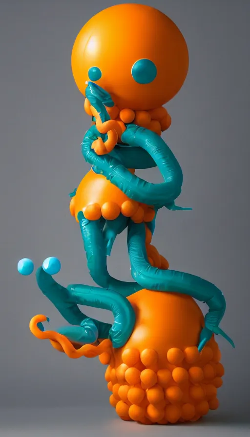 Prompt: a single striding slender figurine of a tall giant inflated hazmat octopus wearing over sized gold teal puffy bomber jacket, long bendy arms and legs, googly eyes, tareme eyes, small head, personification, dynamic pose, detailed product photo, tone mapped, beautiful composition, orange mist swirling at feet, 8 5 mm, f 5. 8