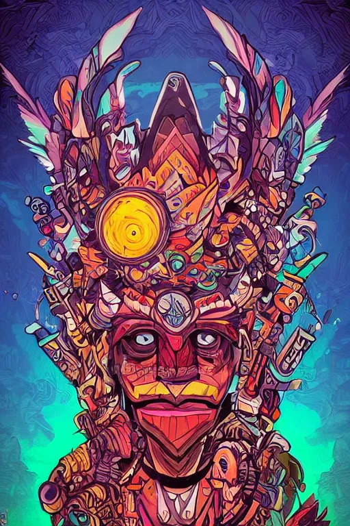 Image similar to totem animal tribal chaman vodoo mask feather gemstone plant wood rock video game illustration vivid color borderlands by josan gonzales and dan mumford radiating a glowing aura