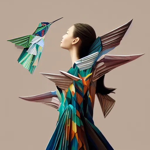 Image similar to 3 / 4 view of a beautiful girl wearing an origami dress, eye - level medium shot, hummingbirds, elegant, by eiko ishioka, givenchy, by peter mohrbacher, centered, fresh colors, origami, fashion, detailed illustration, vogue, high depth of field, japanese, reallusion character creator