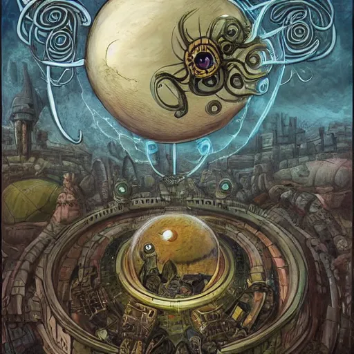 Prompt: a spherical eldritch horror with multiple eyestalks and a large central eye floating in the air above a fantasy medieval city