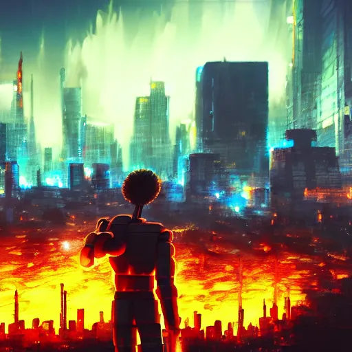 Image similar to Bob Ross style painting of androids conquering a cityscape on fire, 4K resolution, octane render, low angle perspective, high quality, cyberpunk mecha warrior, breathtaking composition