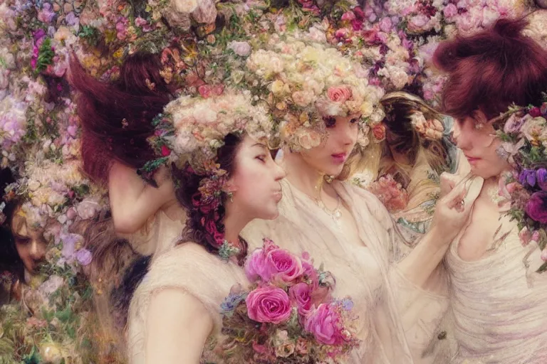 Image similar to the groom look at the bride at a wedding full of flowers, bright and happy, dreamlike art, highly detail, 4 k realistic, wedding photoy krenz cushart, artem demura, yoji shinkawa artgerm, jon lothian, danilo torres. adi meyers. thomas reimann. gaston bussiere.