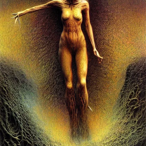 Image similar to lost on a gigeresque planet by jean delville by luis royo and wayne barlowe, beksinski