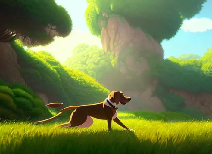 Prompt: a wholesome animation key shot of all brown pointer dog, studio ghibli, pixar and disney animation, sharp, rendered in unreal engine 5, anime key art by greg rutkowski, bloom, dramatic lighting