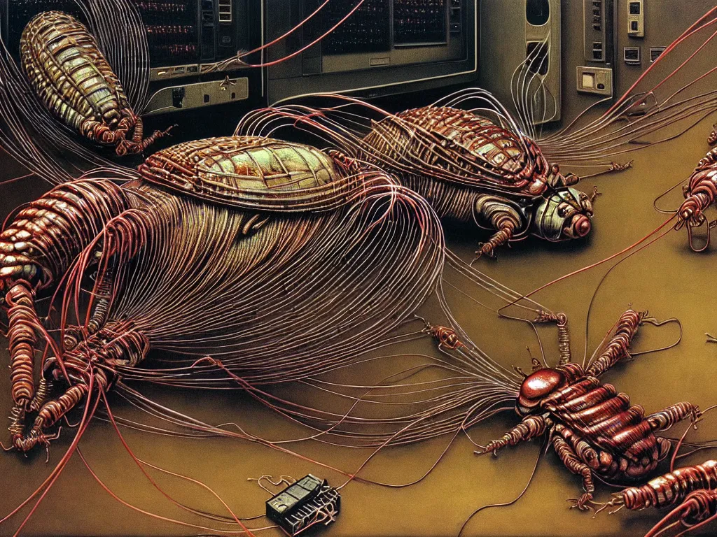 Prompt: realistic detailed image of a cockroaches connected with wires and cords to a computer from 9 0 s in an old dirty soviet apartment by ayami kojima, amano, karol bak, neo - gothic, gothic, rich deep colors. beksinski painting, from a movie by david cronenberg. art by takato yamamoto. masterpiece. realistic detailed image