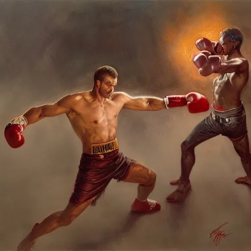 Image similar to a beautiful painting the grim reaper fist - fighting satan in a boxing ring, rendered art, highly detailed painting by gaston bussiere, craig mullins, j. c. leyendecker 8 k, trending on artstation, art, fighting, watercolor