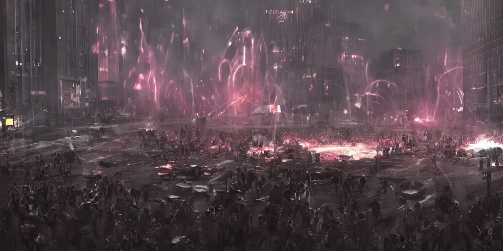 Prompt: black army protecting spiral - shaped bright white luminous attractor right in the center of the city from protesting people with flames, rain and light fog, professional lighting, concept art in 3 d, high detail, professional lighting, unreal engine