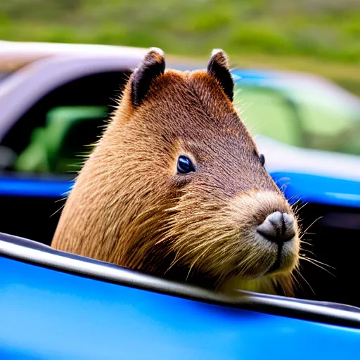 Image similar to A highly detailed photograph of a capybara driving a blue convertible sports car at high speeds