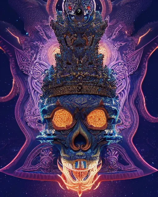 Image similar to 3 d ornate carved dark cosmic king with profile portrait, sigma 5 0 0 mm f / 5. beautiful intricate highly detailed quetzalcoatl skull. bioluminescent, plasma, lava, ice, water, wind, creature, thunderstorm! artwork by tooth wu and wlop and beeple and greg rutkowski, 8 k trending on artstation