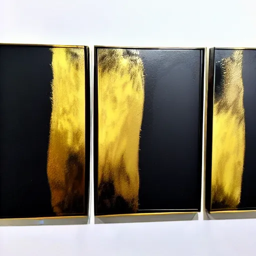 Image similar to a pour painting triptych, gold black silver colors, abstract, thick paint, glossy, resin coated