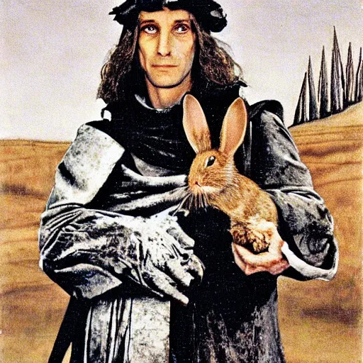 Prompt: portrait of sorcerer tim holding the killer rabbit from search for the holy grail monty python