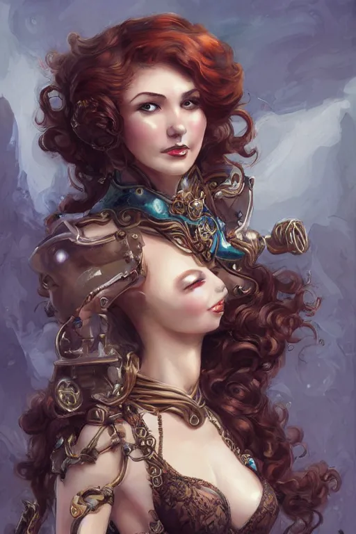 Prompt: three quarters portrait of a beautiful Lady Mechanika, very beautiful young woman, ginger wavy hair, Victorian-era push-up underwire. Intricate, D&D!, fantasy style, sharp focus!, ultra detailed, art by Artgerm and Peter Andrew Jones