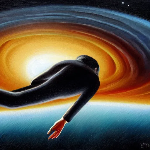 Image similar to man falling in a black hole, oil painting, pale colors, high detail, 8 k, wide angle, trending on artstation,