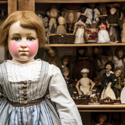 Image similar to close up portrait of a victorian human child standing in a doll maker's shop looking at all of the dolls, 8 k, soft lighting, highly detailed realistic, face in focus 1 8 9 0's