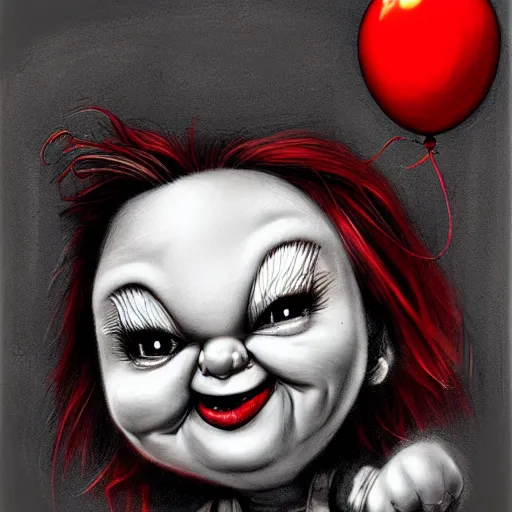 Image similar to surrealism grunge cartoon portrait sketch of a flower with a wide smile and a red balloon by - michael karcz, loony toons style, chucky style, horror theme, detailed, elegant, intricate