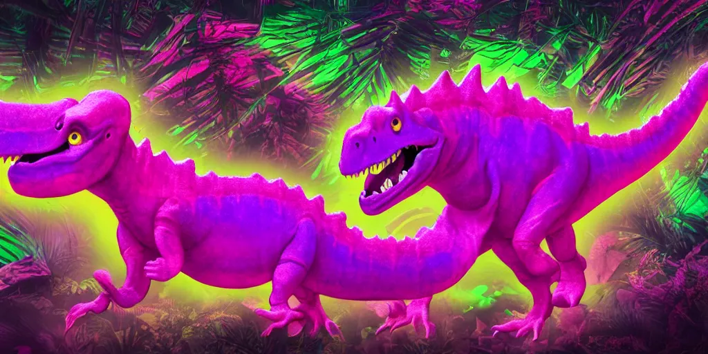 Image similar to spectral purple neon dinosaur, spectral neon pink dinosaur, spectral yellow neon dinosaur, green jungle background, detailed, ultrawide landscape