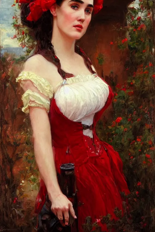 Prompt: painting of Jennifer Connelly by Richard S. Johnson and Solomon Joseph Solomon and Richard Schmid and Jeremy Lipking victorian genre painting full length portrait painting of a young beautiful woman traditional german french barmaid in fantasy costume, red background